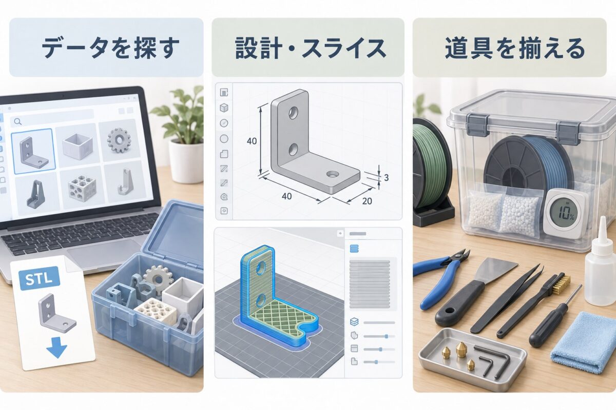 データ探し・設計とスライス・道具の準備を示す説明図
