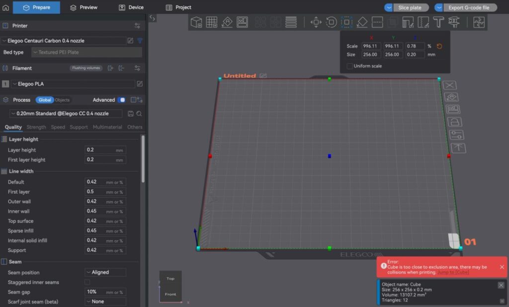 スライスソフトELEGOOSlicerのビルドプレート表示画面で、一部が白抜きされてモデルを配置できない様子