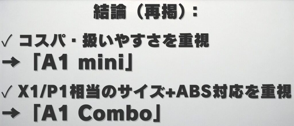 Bambu Lab A1とA1 miniのどちらを選ぶかという選択の決め手を整理した図