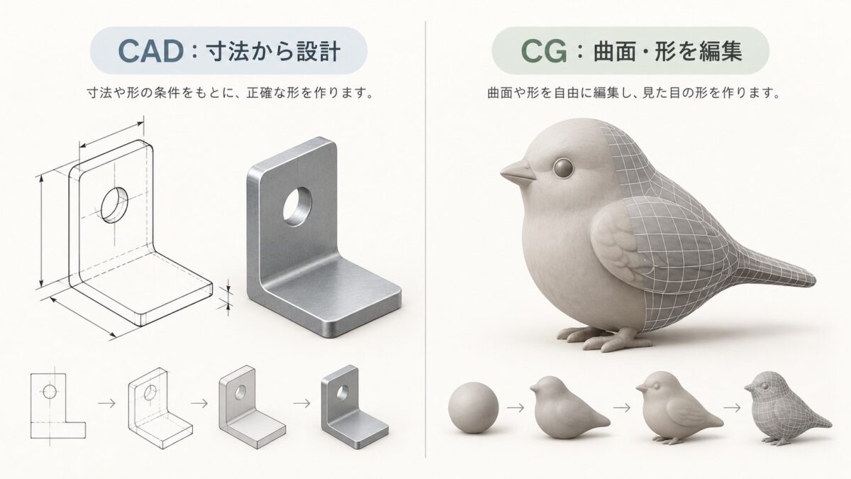 CADでは寸法から部品を設計し、CGではメッシュや曲面を編集して鳥の形を作る説明図