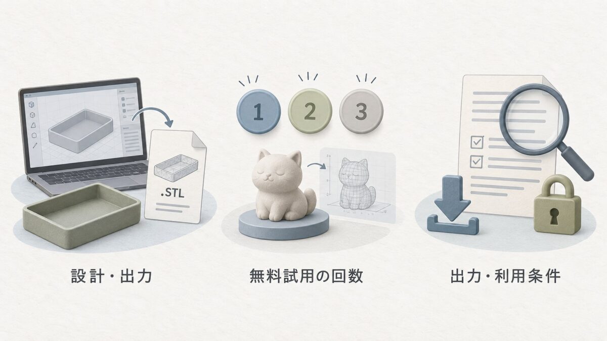 設計と出力、無料試用の回数、出力と利用条件を分けて考える説明図