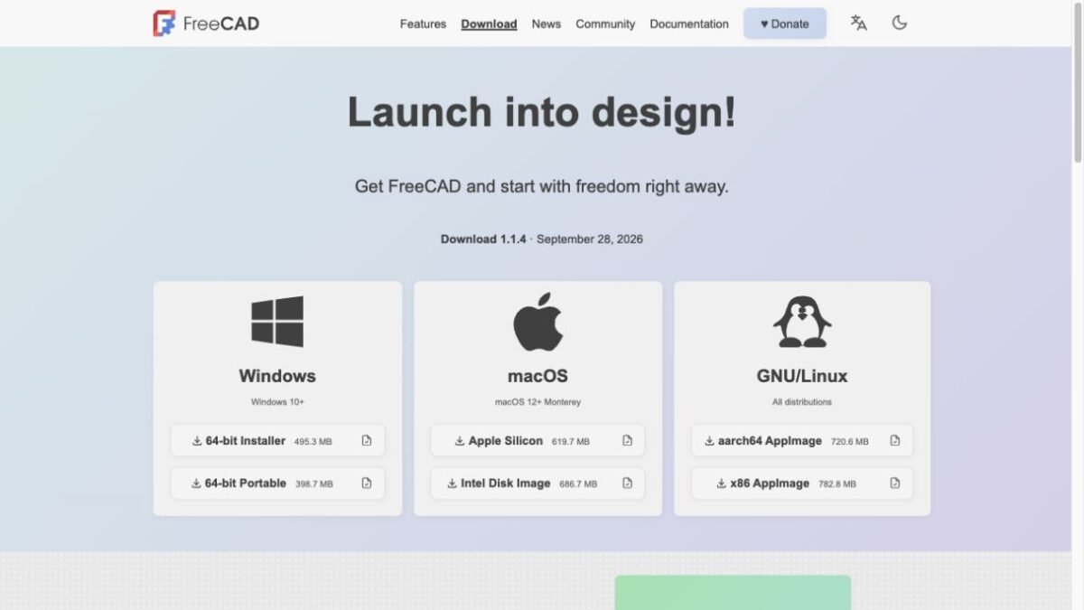 FreeCAD公式ダウンロードページ:1.1.4とWindows・macOS・Linux版