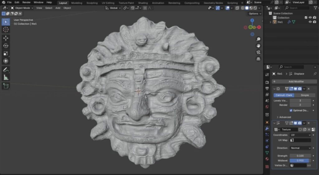 Meshy4で生成したマヤ文明風の仮面3DモデルをBlender上で高精細化