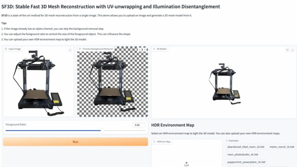 Stable Fast 3Dで3Dプリンターの画像から3D生成を行う様子