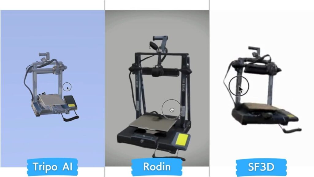 3Dプリンターの画像を入力にして、生成された3Dモデルを3ツールで比較した画像