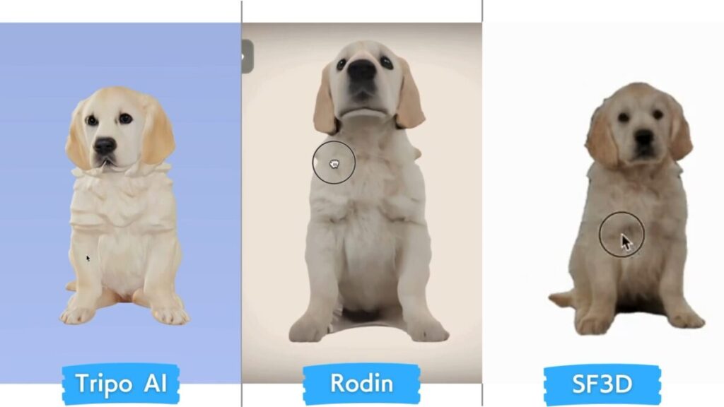 犬の画像を入力にして、生成された3Dモデルを3ツールで比較した画像