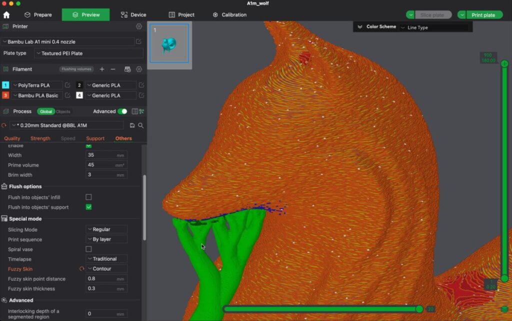 Bambu Studioの設定画面でファジースキンをオンにし、スライスプレビューでザラザラした輪郭が表示されている様子