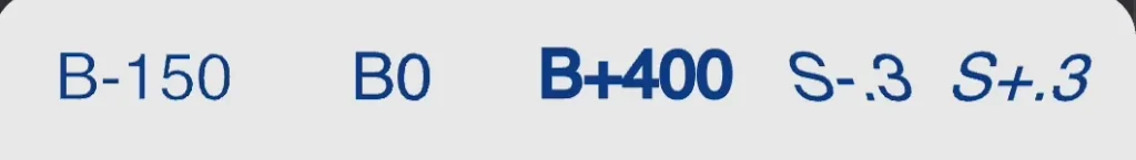 左からB-150／B0／B+400（太さ）、S-.3／S+.3（スキュー）