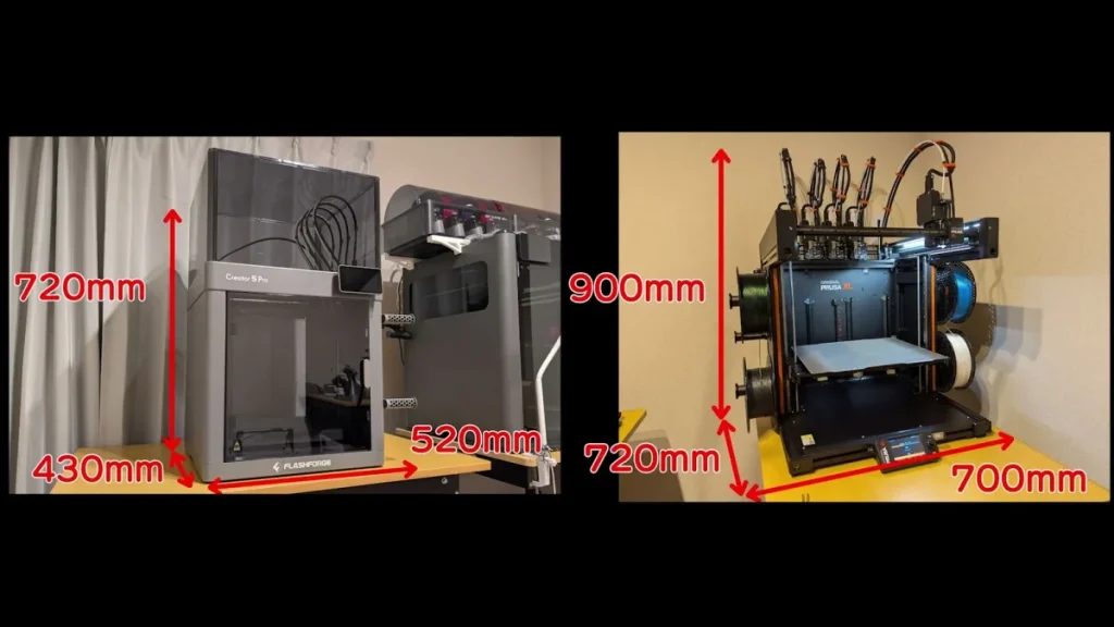 左：Creator 5 Pro／右：Prusa XL（寸法表示は動画撮影時の目安）