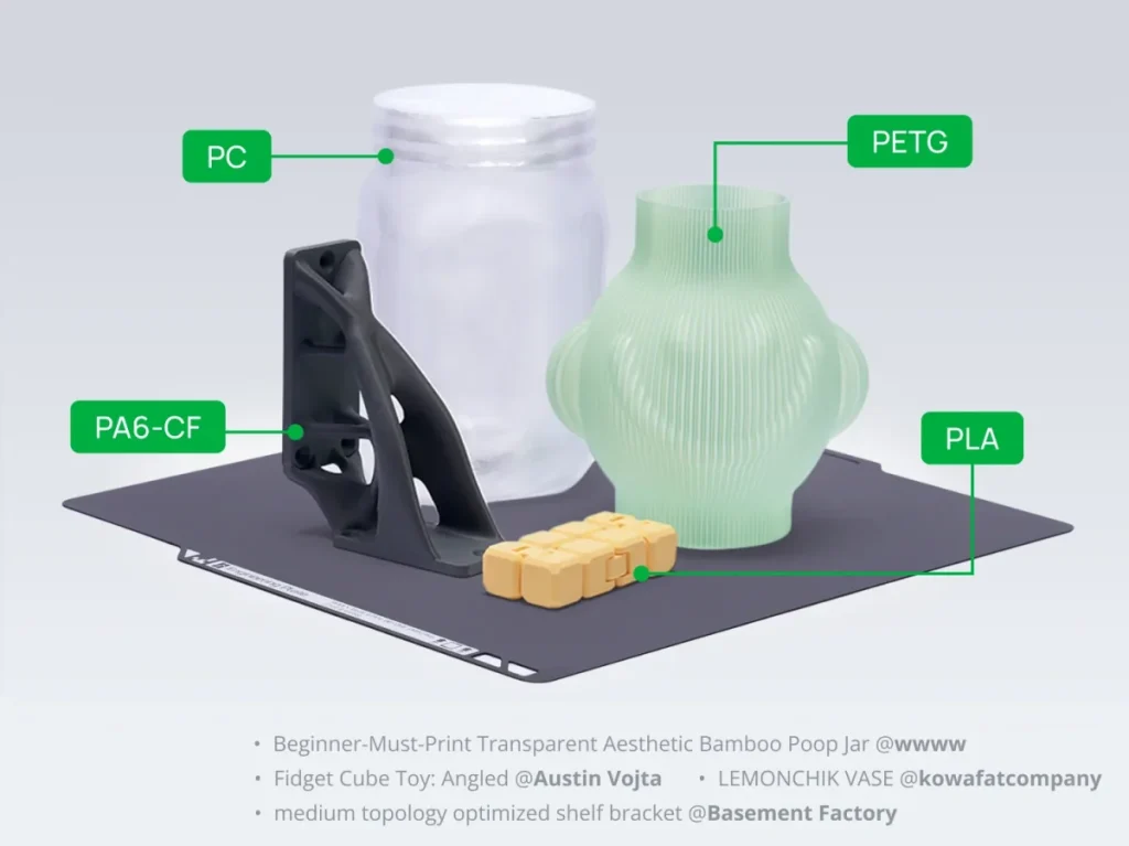 PLA・PETG・PC・PA6-CFの公式作例。材料ごとにプリンターと設定の対応確認が必要