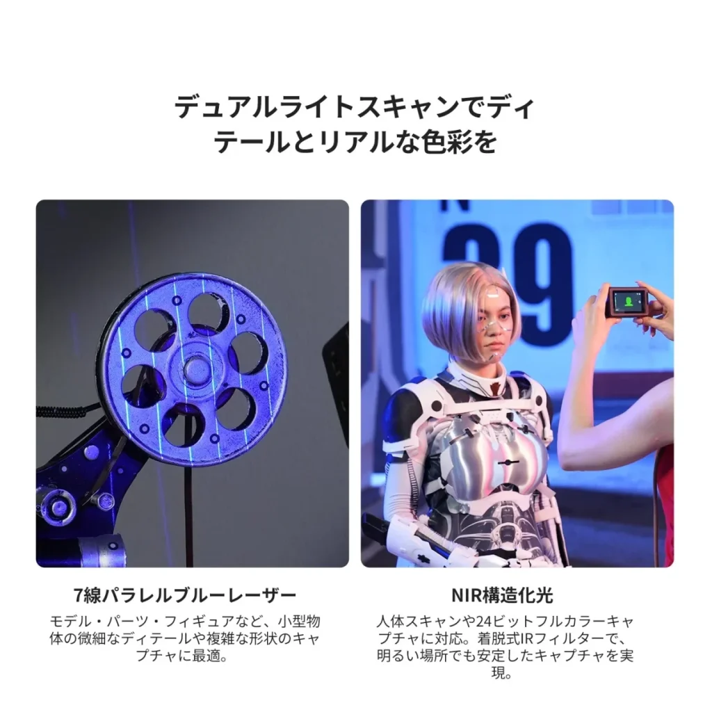 左:7本のパラレルブルーレーザー/右:NIR構造化光