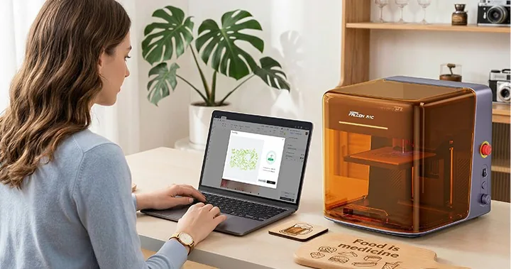 PCでデザインを作ってFalcon A1Cで加工する様子