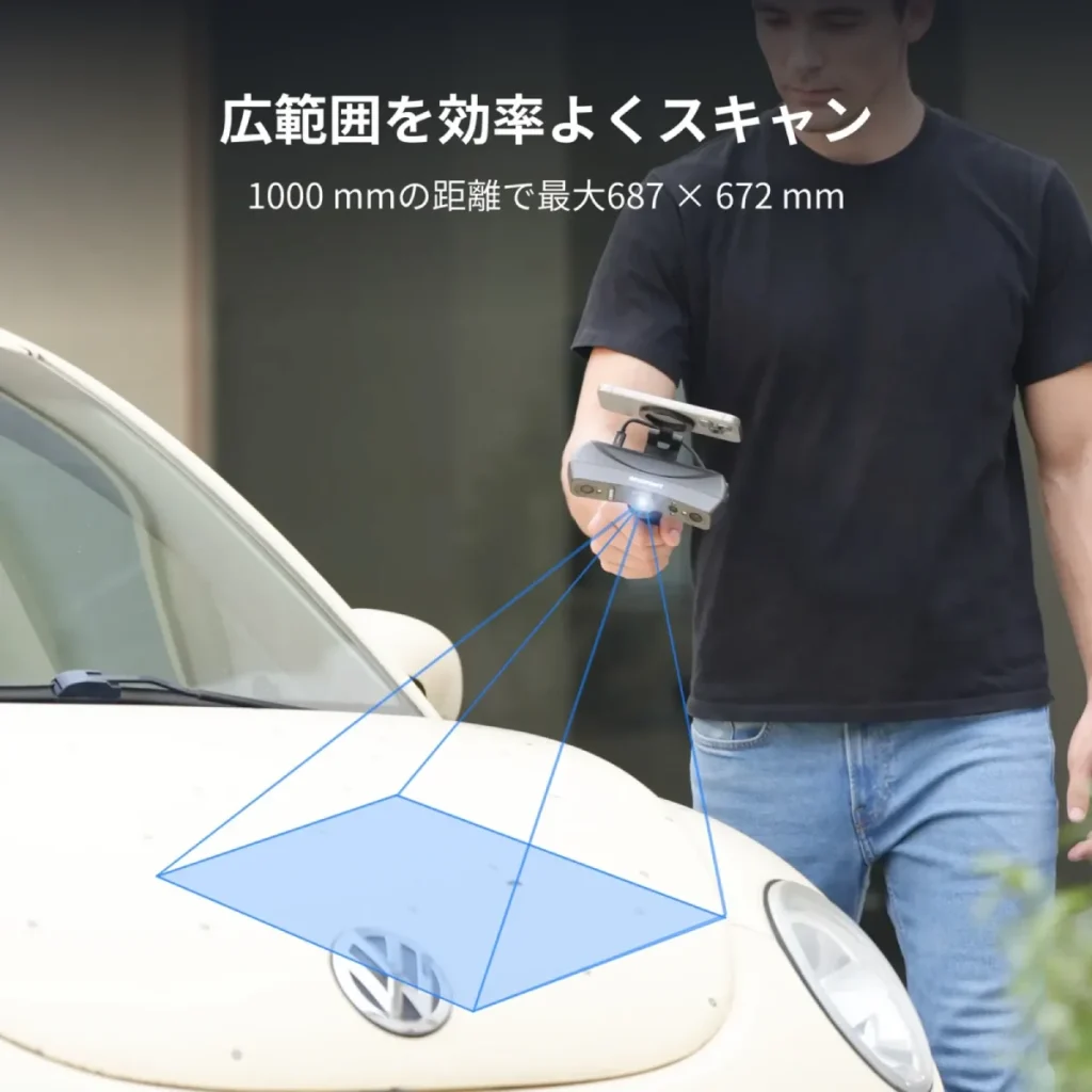 離れた位置から車のボンネットをスキャンする様子