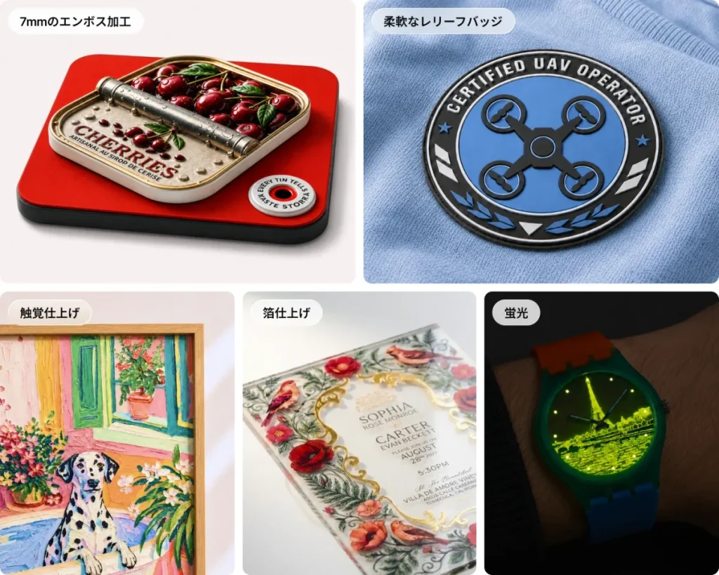 立体エンボス・レリーフバッジ・質感仕上げ・箔・蛍光の作例